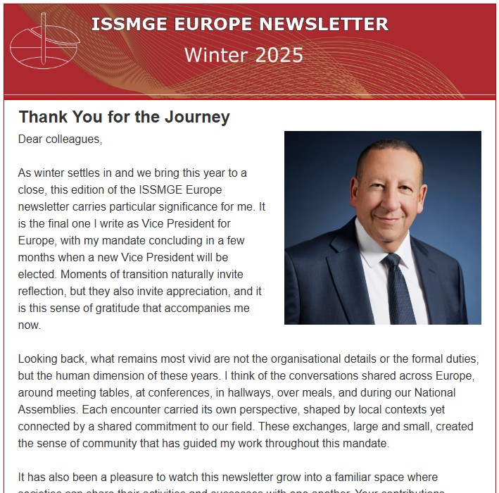 ISSMGE Europe Newsletter. Spring, 2025 Wll the latest geotechnical and soil mechanics news from acorss Europe includeing the 5th European ISSMGE National Assembly in Skopje, North Macedonia